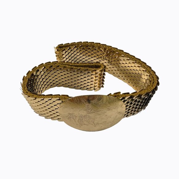 Vintage Metallic Gold Fish Scale Belt Lg-1X Slinky Stretch Oval Floral Buckle - Picture 2 of 9